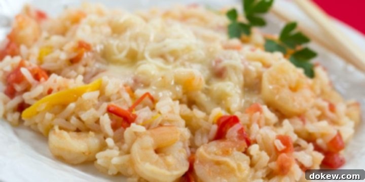 Savory One-Pot Shrimp & Rice White plate with rice, shrimp, diced tomatoes, and strips of bell peppers, with melted Monterey Jack cheese on top, ready to be served.