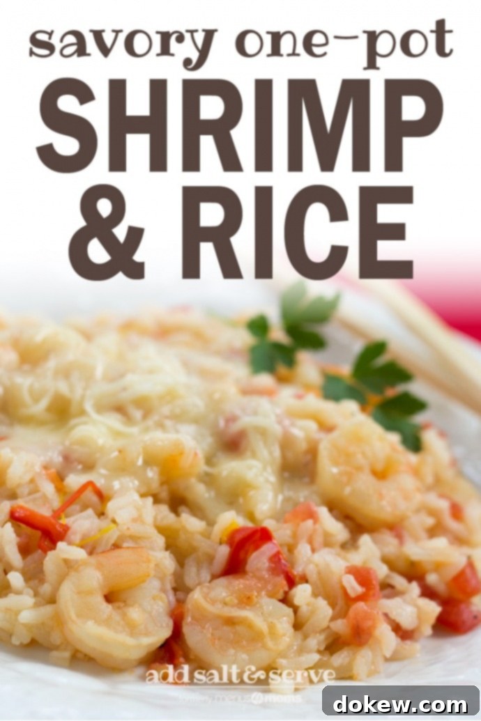 Savory One-Pot Shrimp & Rice White plate with rice, shrimp, diced tomatoes, and strips of bell peppers, with melted Monterey Jack cheese on top; text savory one-pot shrimp & rice add salt & serve formerly menus4moms for Pinterest sharing