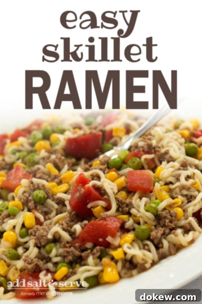 Skillet Ramen A vibrant Pinterest-optimized image of Easy Skillet Ramen on a white plate, highlighting ground beef, corn, peas, and diced tomatoes with noodles. Text overlay reads 'Easy Skillet Ramen Add Salt & Serve' with relevant hashtags for frugal, quick, and kid-friendly meals.