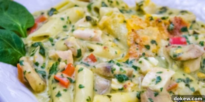 Three Cheese Penne Florentine Penne pasta with mushrooms, diced red bell pepper, chopped spinach, and cubed chicken in a cream of chicken sauce, topped with shredded cheddar cheese and garnished with two baby spinach leaves on a white plate.