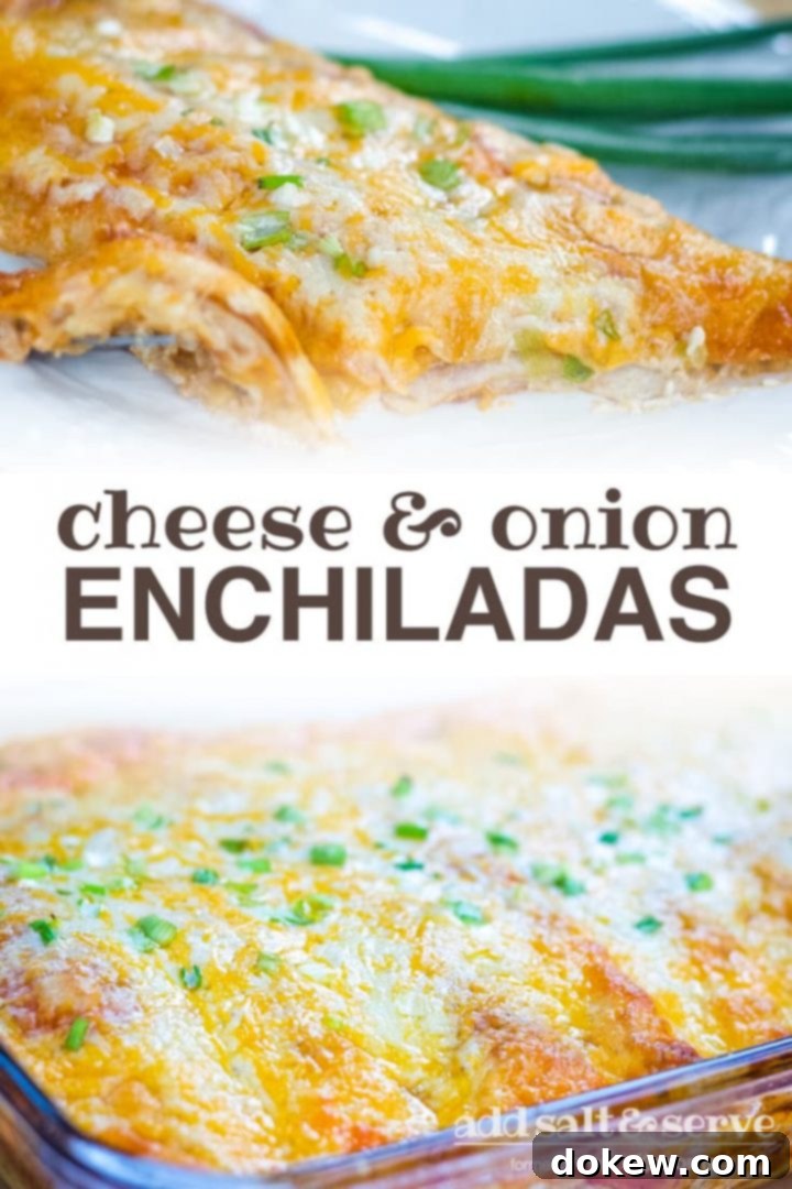 Cheese & Onion Enchiladas Top photo is an enchilada covered with melted Mexican blend cheese and diced green onions on a clear plate with green onions in the background. Bottom photo is a clear baking dish with enchiladas covered with cheese and diced green onions. Text cheese & onion enchiladas add salt & serve formerly menus4moms