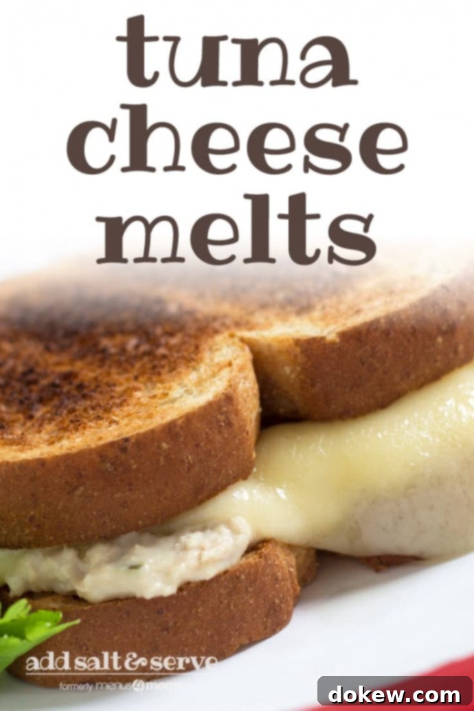 Tuna Cheese Melts Tuna and a slice of melted swiss cheese on two pieces of toasted bread on a white plate; text tuna cheese melts add salt & serve formerly menus4moms