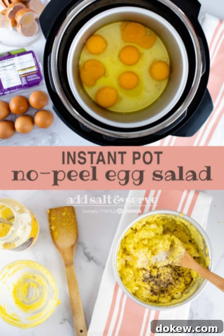 instant-pot-no-peel-egg-salad-pin-2-min Composite image with top image showing overhead view of cracked eggs in an inner pot inside Instant Pot with a carton of eggs to the side and bottom image showing overhead view of partially prepared egg salad in a pot with salt and pepper on top and a mayonnaise jar to the side; text says Instant Pot no-peel egg salad