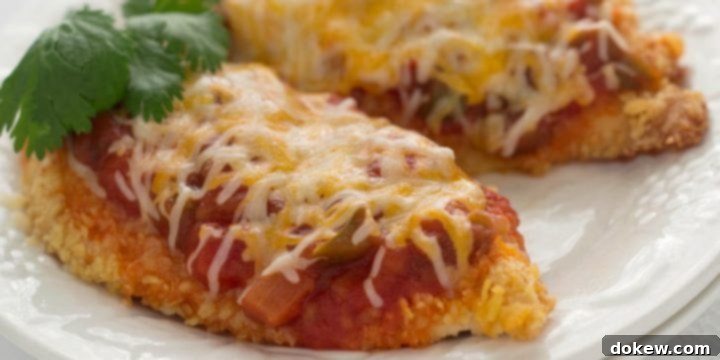 Santa Fe Chicken Two golden-brown, breaded chicken breasts generously topped with bright red salsa and a blanket of melted shredded Mexican cheese, served on a pristine white plate, ready to enjoy.