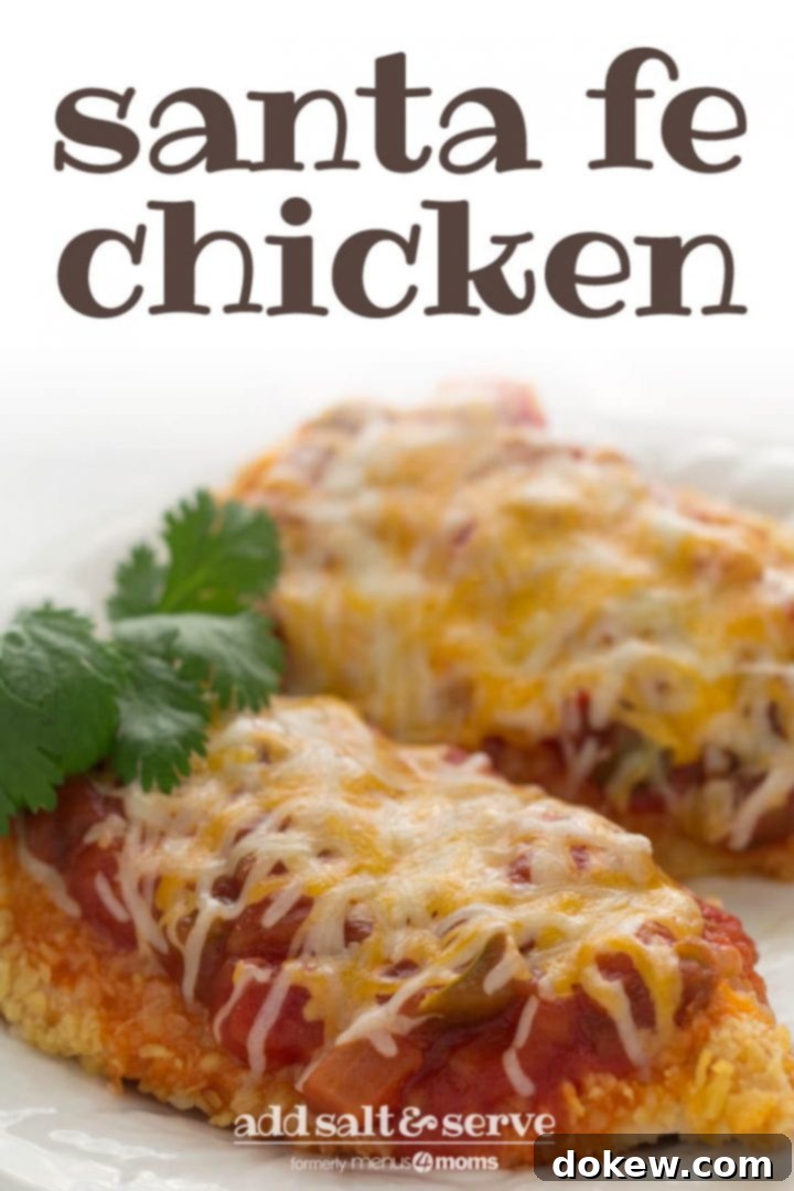 Santa Fe Chicken Two golden-brown, breaded chicken breasts generously topped with bright red salsa and a blanket of melted shredded Mexican cheese, served on a pristine white plate, with text overlay: 'Santa Fe Chicken, Add Salt & Serve, formerly Menus4Moms'