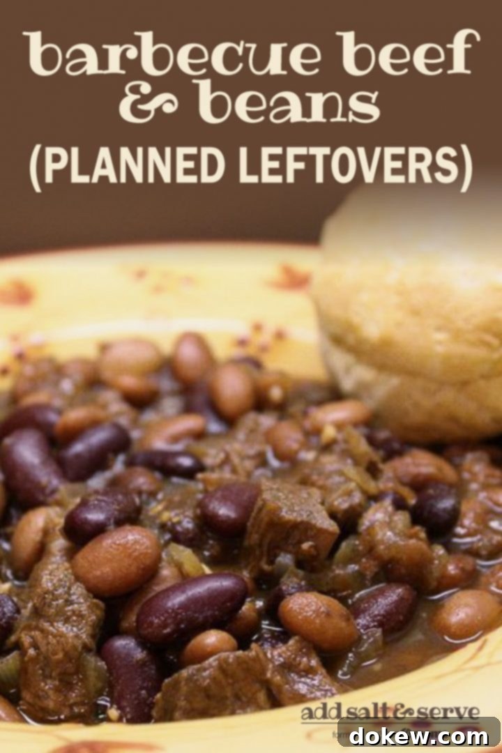 Barbecue Beef & Beans A visual recipe card for Barbecue Beef & Beans, featuring kidney beans, pinto beans, and diced beef in a broth, served in a yellow soup bowl with red flowers. A biscuit rests on the rim. Text overlay reads 'Barbecue Beef & Beans (Planned Leftovers) add salt & serve formerly menus4moms'.