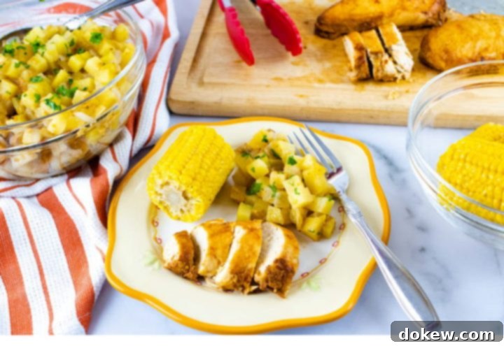 A vibrant Crockpot BBQ Chicken dinner, featuring juicy sliced chicken, perfectly diced seasoned potatoes, and tender corn on the cob, all arranged on a plate with an orange and white striped napkin. The scene also includes a wooden cutting board, tongs, and a glass bowl of extra corn on the cob, emphasizing the fresh and hearty nature of this easy slow cooker meal.
