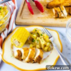 Effortless Slow Cooker BBQ Chicken 2 A delicious Crockpot BBQ Chicken Dinner served on a plate with diced potatoes, corn, and sliced chicken. The image highlights a glass bowl of extra diced potatoes and a wooden cutting board, all set on an orange and white striped napkin, making it a perfect visual for a hearty and convenient slow cooker meal.