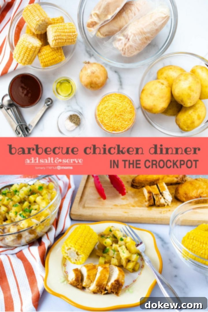 Barbecue Chicken Dinner in the Crockpot A two-part image for pinning the Crockpot BBQ Chicken Dinner recipe. The top photo displays all raw ingredients neatly arranged on a white marble countertop: corn, chicken breasts, whole potatoes, shredded cheddar cheese, salt, pepper, measuring spoons, barbecue sauce, oil, and an onion. The bottom photo shows the finished meal on a plate with sliced chicken, diced potatoes, and corn, alongside a glass bowl of extra potatoes, corn, and a wooden cutting board with sliced chicken. The text overlays read 'Barbecue Chicken Dinner in the Crockpot, Add Salt & Serve (formerly Menus4Moms)', highlighting it as a great slow cooker, freezer, and family-friendly recipe.
