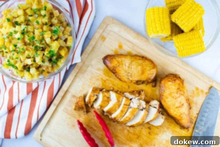 Cooked BBQ Chicken, Potatoes, and Corn Ready to Serve The components of a freshly cooked Crockpot BBQ Chicken Dinner are showcased, featuring a clear glass bowl of fluffy diced potatoes on an orange and white striped napkin, another clear glass bowl filled with small, tender corn cobs, and a wooden cutting board presenting two whole chicken breasts alongside one perfectly sliced chicken breast. Tongs and a Santoku knife rest on the cutting board, indicating readiness for serving this delicious and complete slow cooker meal.