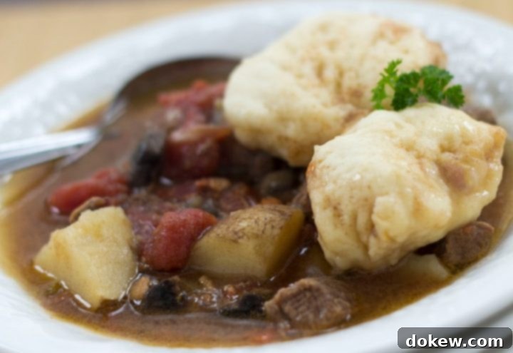 Beef Stew with Dumplings A rustic white bowl filled with rich beef stew and two fluffy dumplings on top, showcasing diced beef, chopped potatoes, and stewed tomatoes in a savory brown broth. A spoon rests in the bowl, inviting a warm, comforting meal.
