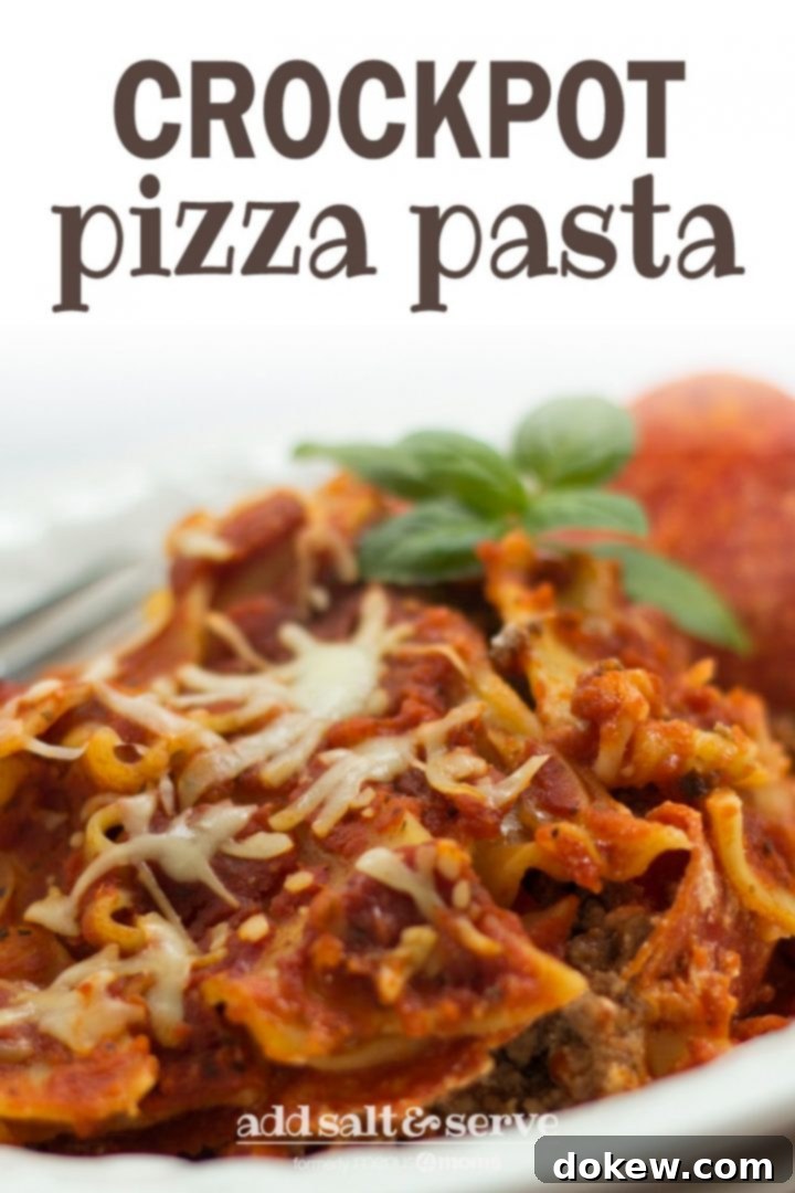 Crockpot Pizza Pasta A vibrant vertical image of Crockpot Pizza Pasta in a white bowl, showing delectable layers of ground beef, tender lasagna noodles, and gooey melted mozzarella cheese, topped with pepperoni. The text 'Crockpot Pizza Pasta Add Salt & Serve (formerly Menus4Moms)' is prominently displayed, promoting it as an easy, kid-friendly, slow cooker weeknight dinner. This image is optimized for Pinterest sharing.