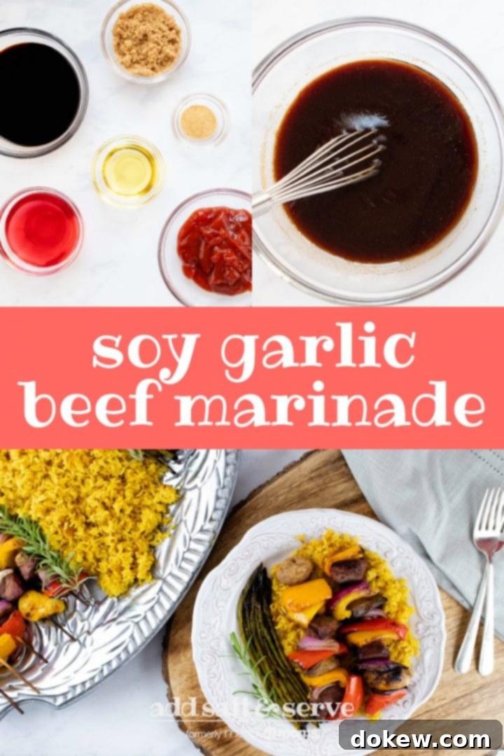 soy-garlic-beef-marinade-pin-min Composite image with top left showing overhead shot of bowls with red wine vinegar, soy sauce, brown sugar, olive oil, garlic powder, and ketchup and top right image showing those ingredients combined in a bowl and being whisked together; bottom image shows a plate of cooked beef and vegetable kabobs over yellow rice served with grilled asparagus and text soy garlic beef marinade Add Salt & Serve