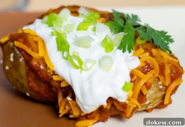 Loaded Baked Potatoes Baked potato topped with chili, shredded cheddar cheese, sour cream, and diced green onions.
