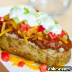 Fully Loaded Baked Potatoes 2 Baked potato topped with chili, shredded cheddar cheese, diced tomatoes, sour cream, and diced green onions, with shredded cheese and diced tomatoes are on the counter around the potato.