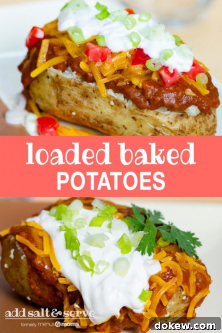 Loaded Baked Potatoes Top photo is a baked potato topped with chili, shredded cheddar cheese, diced tomatoes, sour cream, and diced green onions, with shredded cheese and diced tomatoes are on the counter around the potato. Bottom photo is a baked potato topped with chili, shredded cheddar cheese, sour cream, and diced green onions. Text loaded baked potatoes add salt & serve formerly menus4moms