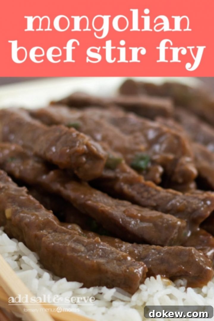 Mongolian Beef Stir Fry Sliced steak with a sauce on a bed of rice with chopsticks in the foreground. Text mongolian beef stir fry add salt & serve formerly menus4moms