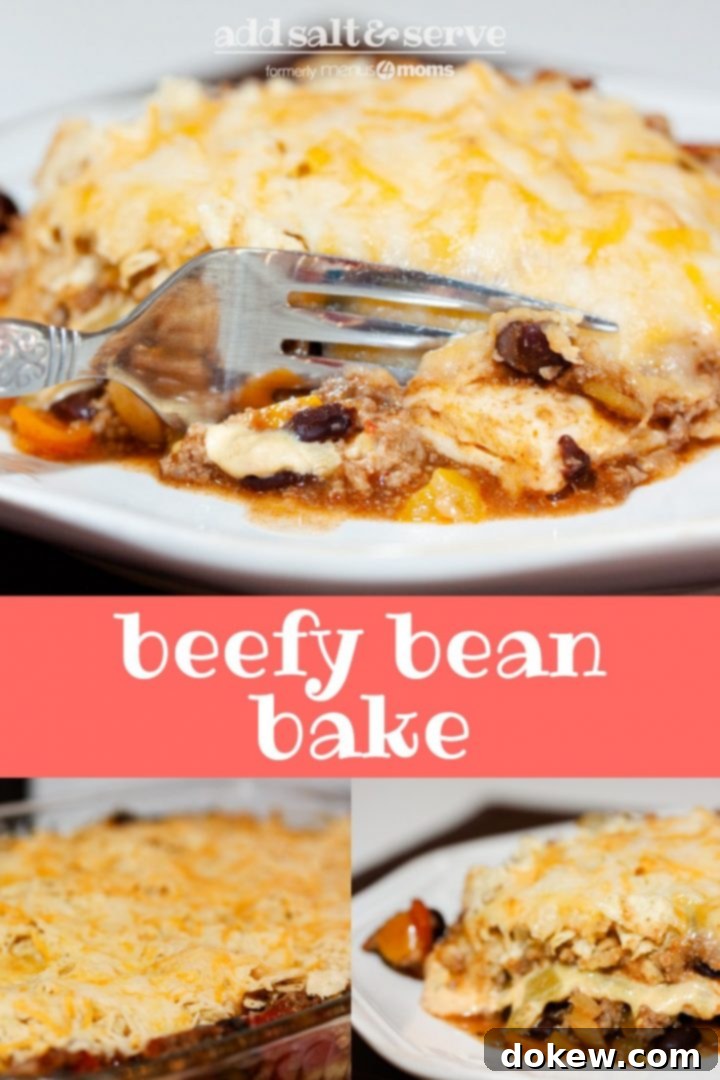 Beefy Bean Bake Pin Top photo is a tortilla covered with melted cheese, on top of ground beef, black beans, and tomatoes, all on a white plate. A fork is cutting into the tortilla. Bottom left photo is Beefy Bean Bake in a clear glass casserole dish. A mixture of ground beef, chopped onion, black beans, diced tomatoes, and diced green chilies is topped with tortillas and covered with shredded Mexican cheese blend. Bottom right photo is a cooked slice of the Beefy Bean Bake on a white plate. Text add salt & serve formerly menus4moms beefy bean bake