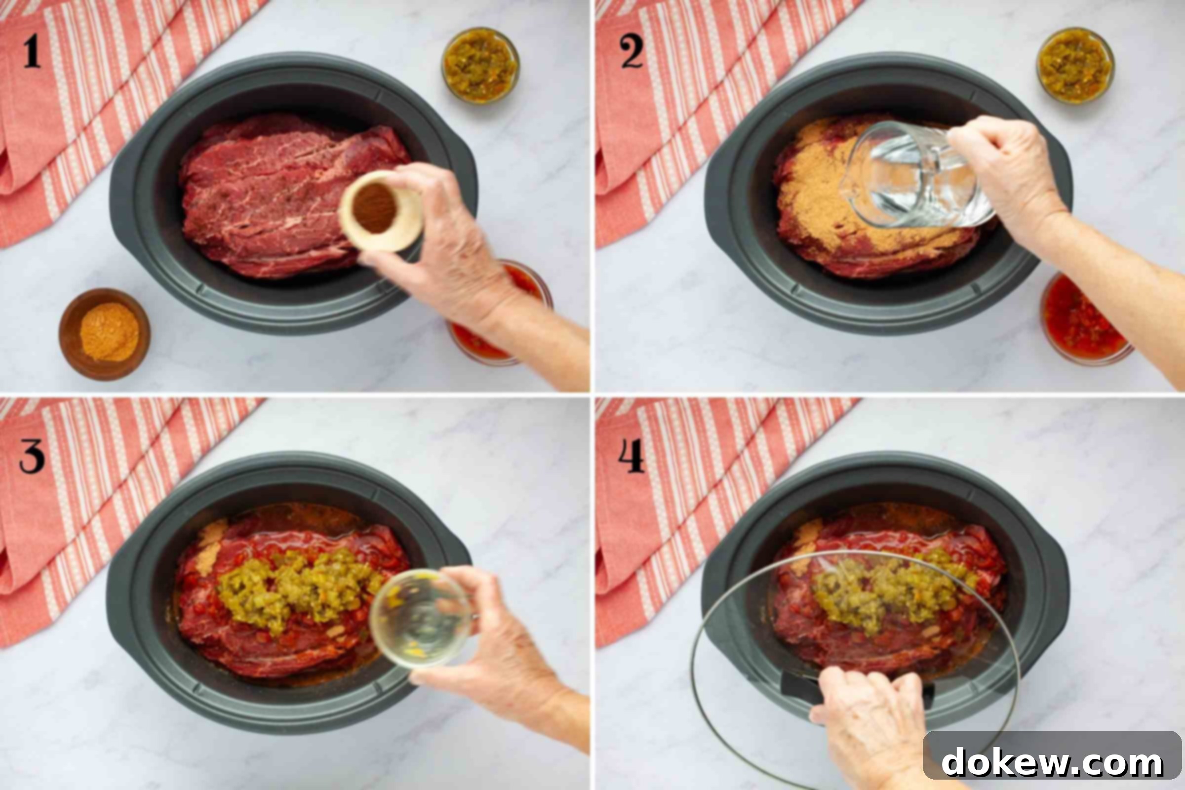 Ultimate Slow Cooker Mexican Pot Roast 3 A four-panel composite image demonstrating the steps to make slow cooker Mexican pot roast. 1: Chuck roast in slow cooker with bouillon. 2: Taco seasoning and water added. 3: Rotel and green chiles added. 4: Slow cooker lid secured for cooking.