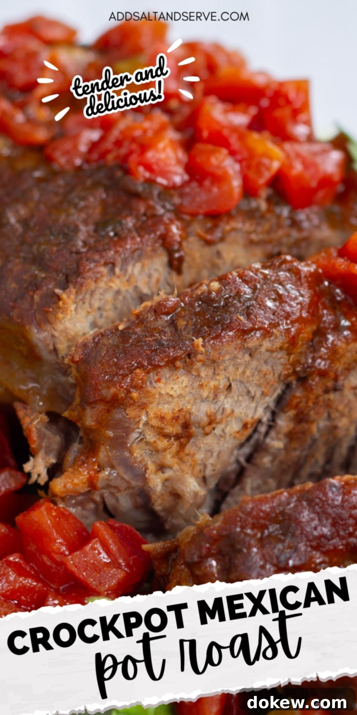 Mexican Style Pot Roast - Pin for Pinterest A vibrant vertical pin image featuring tender sliced Mexican pot roast with diced tomatoes and red sauce, accompanied by the text 'Crockpot Mexican Pot Roast - tender & delicious.' Perfect for sharing on Pinterest.