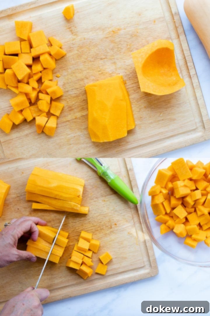 roasted-butternut-squash-candied-pecans-ip-1-min A step-by-step composite image showing butternut squash preparation: top image features peeled and halved squash with some diced cubes on a wooden cutting board; bottom image shows hands expertly dicing the squash into uniform 1-inch cubes.