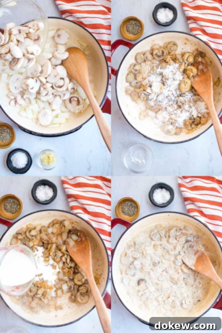 better-green-bean-casserole-ip-1-min Composite image with top left image showing sliced mushrooms and garlic being sautéd in butter, top right image showing flour being added to sauteed mushrooms, bottom left image showing cream being added to a skilet of cooked mushrooms with flour, bottom right image showing the mushrooms in a creamy sauce
