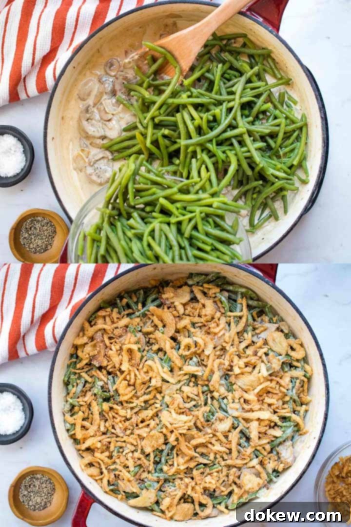 better-green-bean-casserole-ip-2-min Composite image with top image showing blanched green beans being added to the same skillet, and bottom image showing skillet with green bean casserole topped with crunchy fried onions