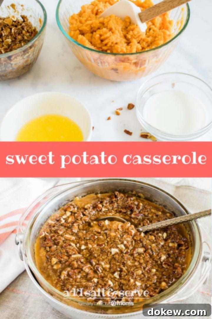 sweet-potato-casserole-pin-min Composite image with top photo showing ingredients for sweet potato casserole and bottom photo showing baked casserole; text Sweet Potato Casserole add salt & serve