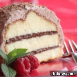 Decadent Pound Cake Stack with Chocolate Cloud Frosting 2 pound cake with layers of chocolate hazelnut cream frosted with chocolate cool whip frosting on a plate garnished with raspberries