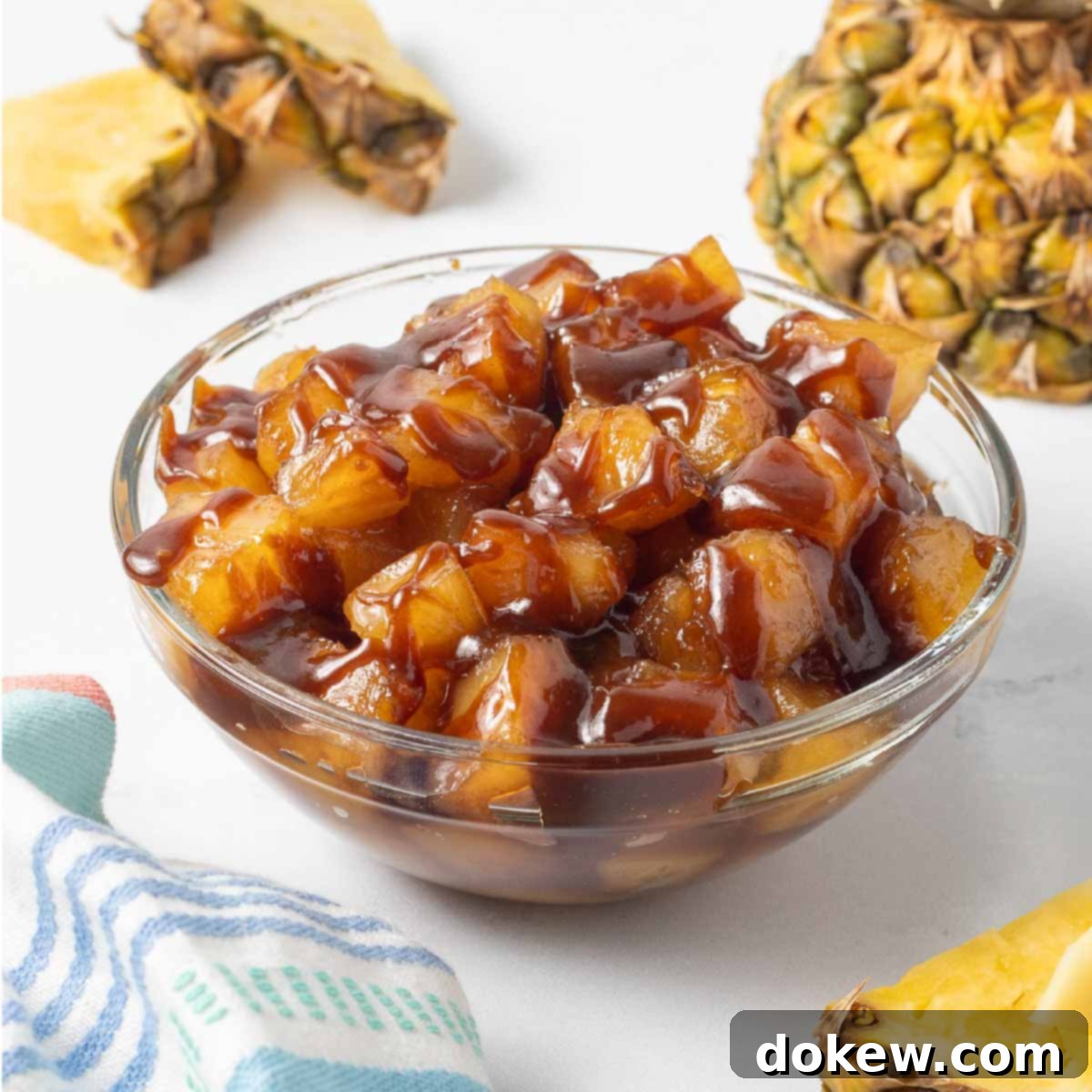 Sweet Golden Caramelized Pineapple Just 3 Ingredients 2 Bowl of caramelized pineapple chunks drizzled with caramel sauce beside a tea towel, sliced pineapple, and a pineapple top on a counter.