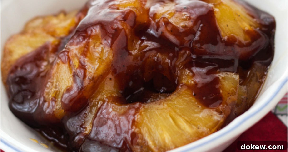 Sweet Golden Caramelized Pineapple Just 3 Ingredients 6 Caramelized pineapple rings in a white bowl.