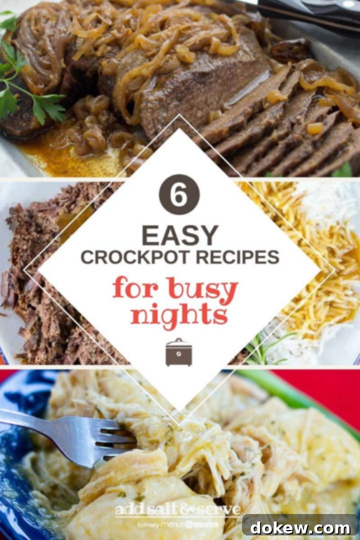 6-easy-delicious-crockpot-recipes-for-busy-nights-pin-min Composite image with photos of chicken & dumplings, london broil, roast beef and gravy, and albondigas (meatball) soup and text 6 easy and delicious crockpot recipes for busy nights