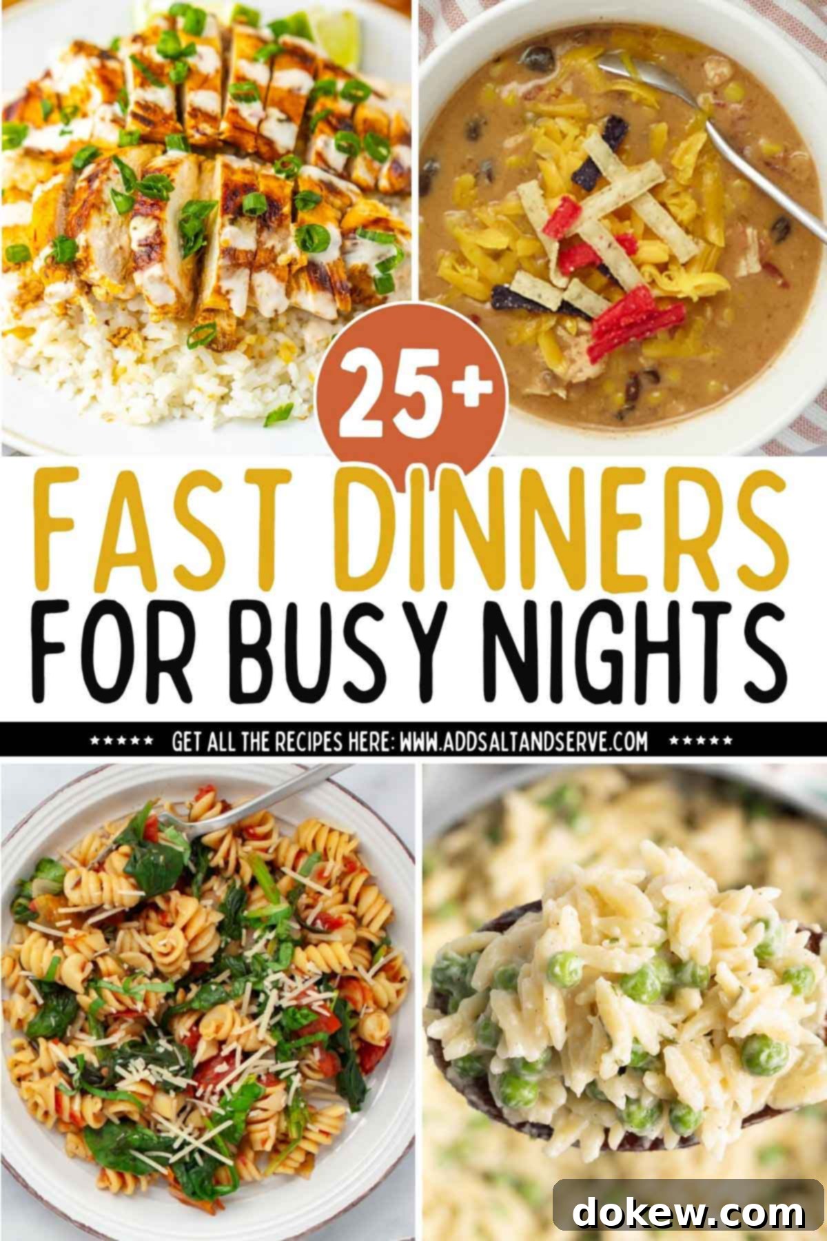10-quick-easy-recipes-busy-nights-insta-min Collage of 4 recipe images with text 25+ fast dinners for busy nights.