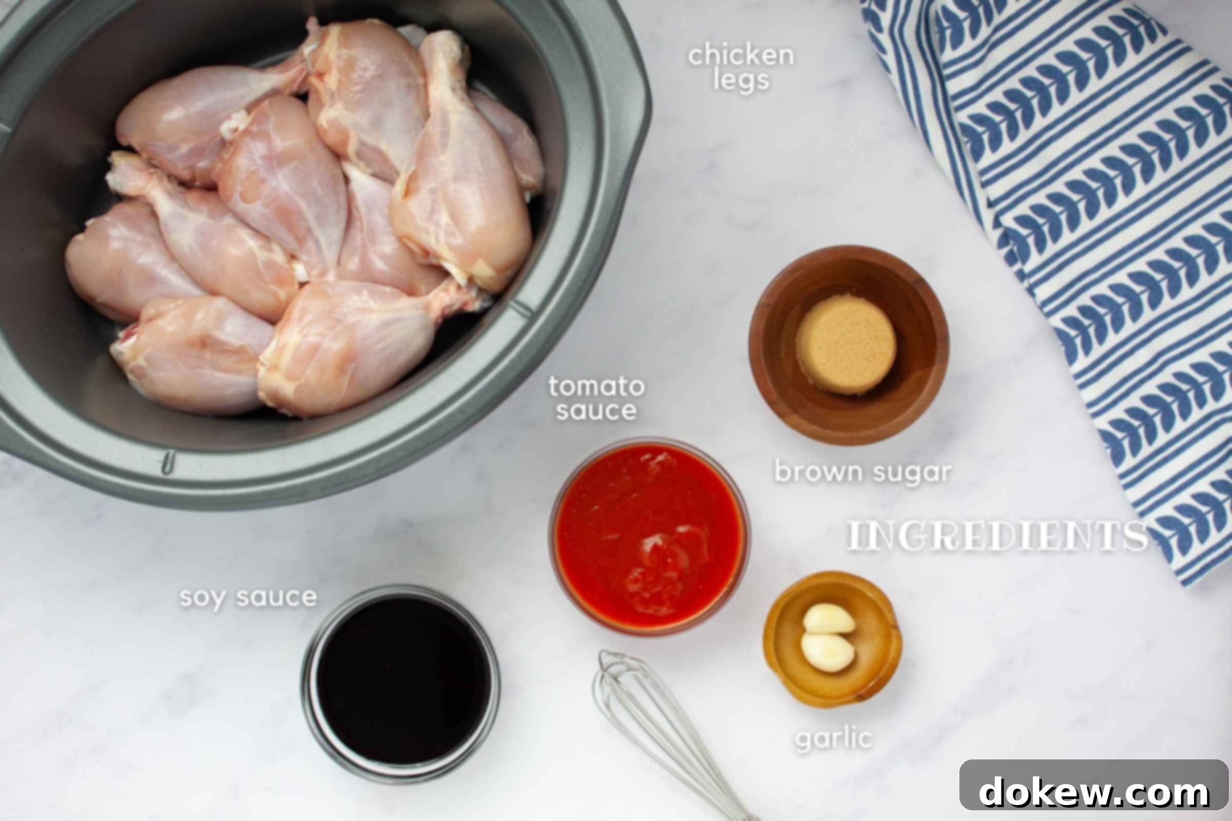 Ingredients for crockpot chicken legs: drumsticks with skin removed, brown sugar, tomato sauce, soy sauce, garlic.