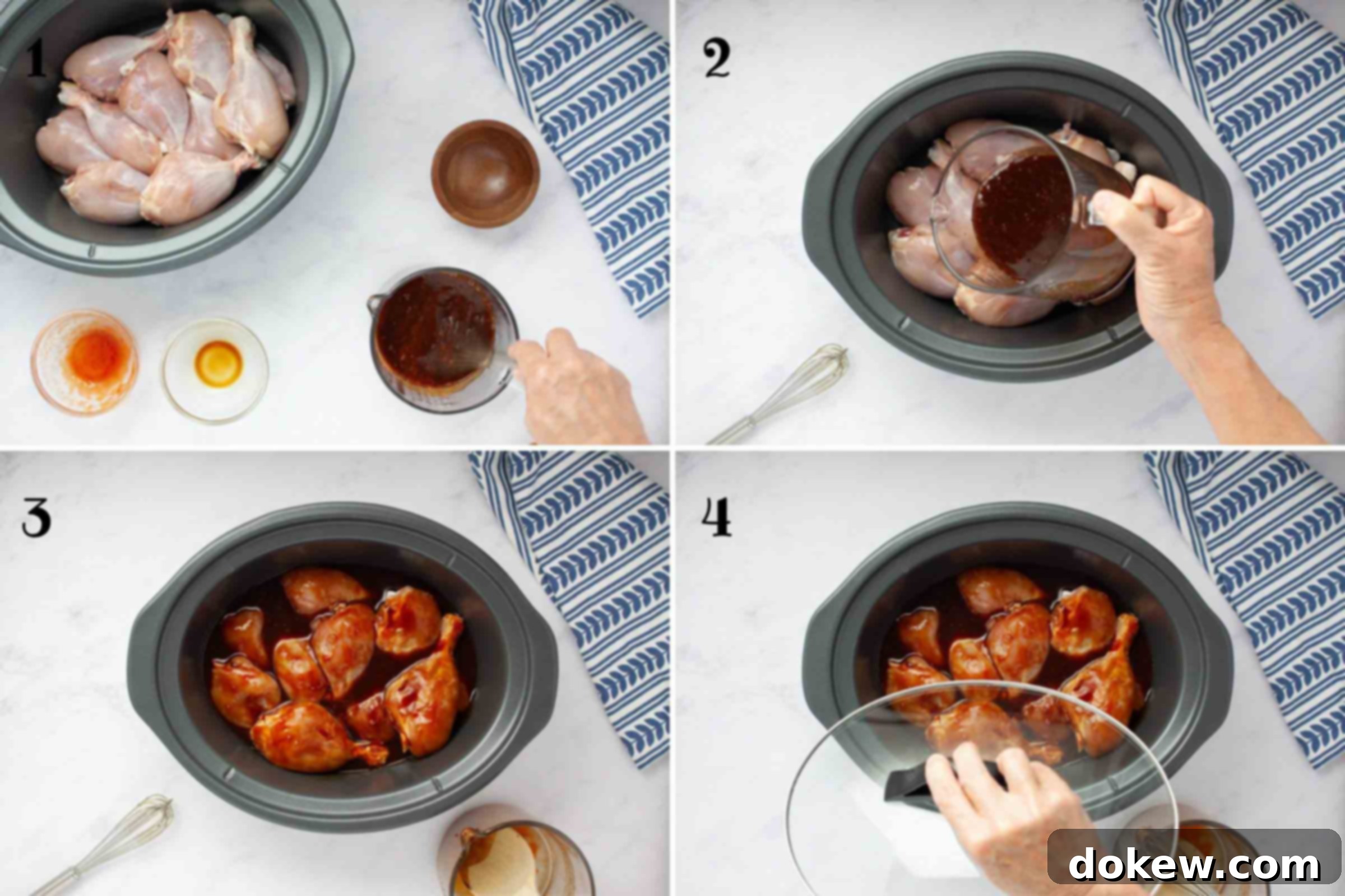 Composite image: 1- uncooked chicken legs in a slow cooker with sauce being mixed in a measuring cup; 2- sauce being poured over chicken; 3- uncooked chicken legs in sauce in slow cooker; 4- putting the lid on the slow cooker.