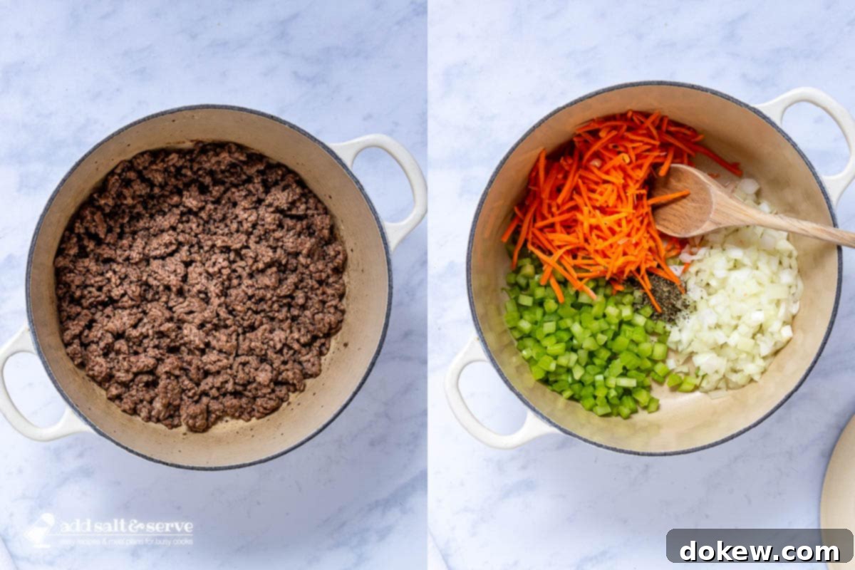 Rich & Creamy Velveeta Cheeseburger Soup 4 Left image shows browned ground beef in a soup pot; right image shows diced celery, shredded carrots, and chopped onions sautéing in the same pot.