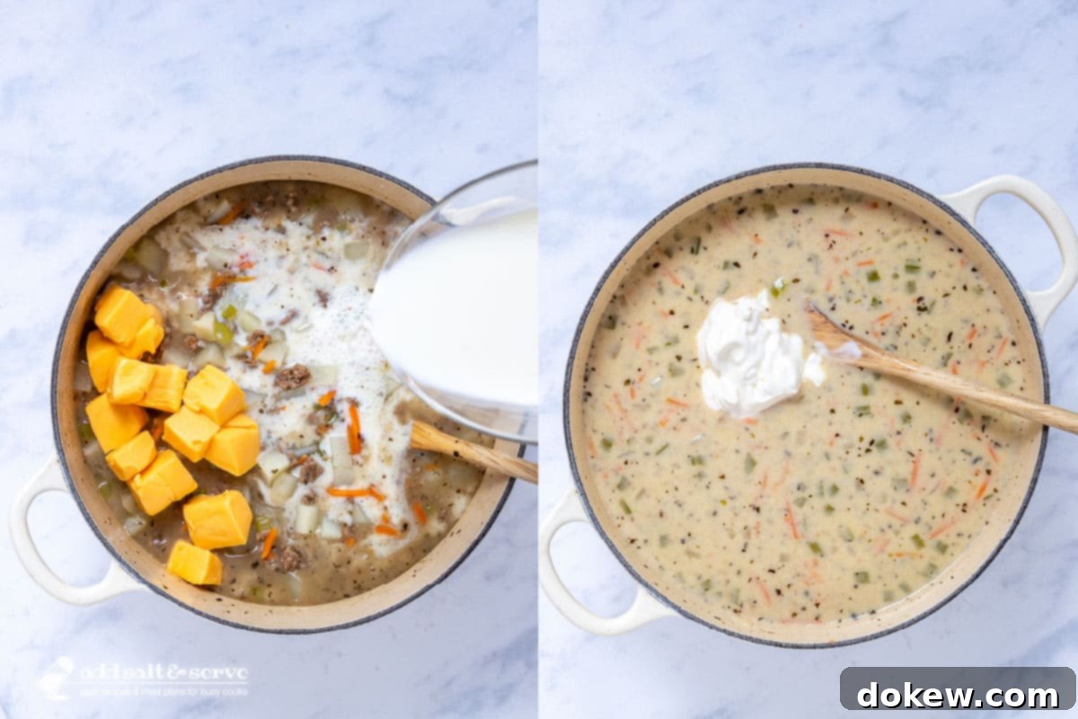 Rich & Creamy Velveeta Cheeseburger Soup 5 Left image shows milk being added to a soup pot containing cubed Velveeta cheese, potatoes, ground beef, vegetables, and broth; right image shows the finished cheeseburger soup with sour cream added but not yet stirred in.
