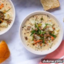 Rich & Creamy Velveeta Cheeseburger Soup 8 Two bowls of creamy Cheeseburger Soup with Velveeta, garnished.