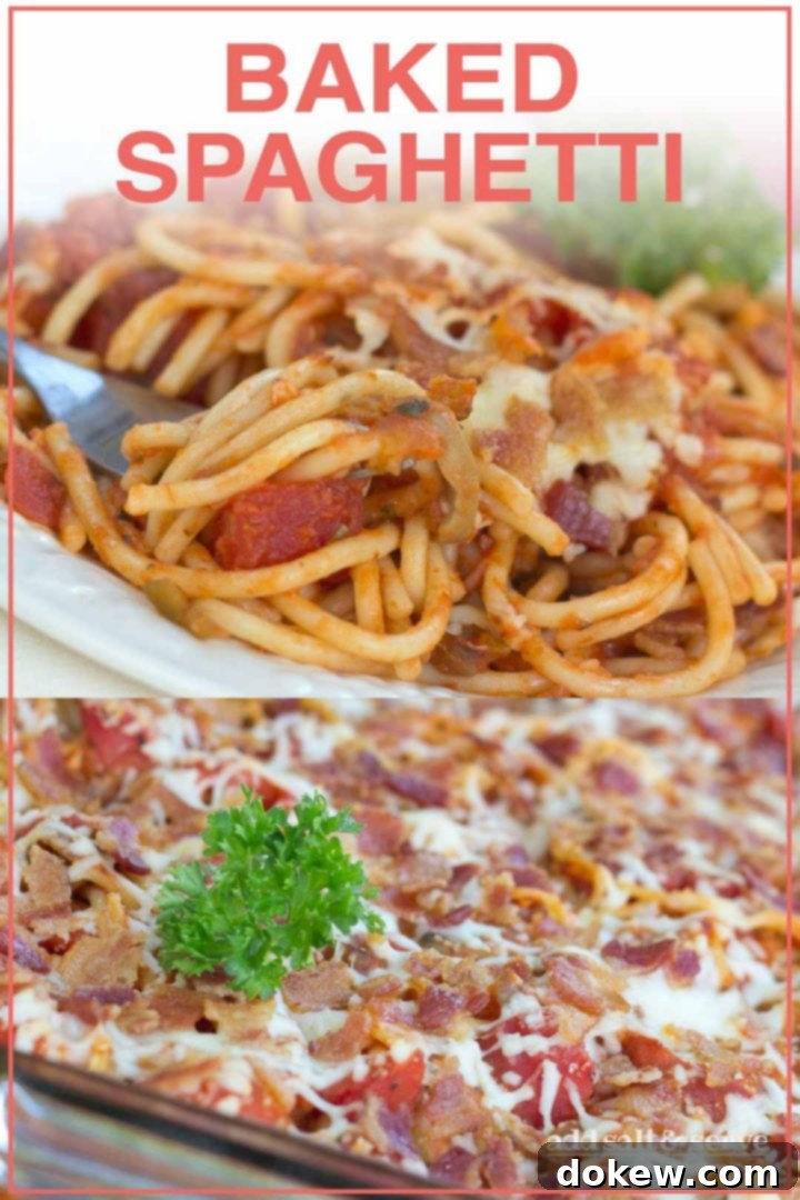 Spaghetti Dream Bake 3 Top photo is baked spaghetti on white plate with a fork. Bottom image is baked spaghetti in a clear glass baking dish. Text Baked Spaghetti Add Salt & Serve formerly Menus4Moms