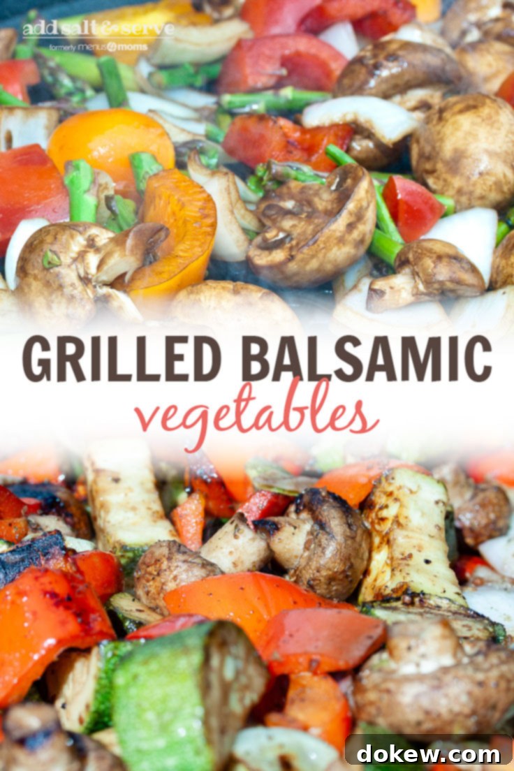 Charred Vegetable Medley 5 Balsamic grilled vegetables with text Grilled Balsamic Vegetables - Add Salt & Serve logo