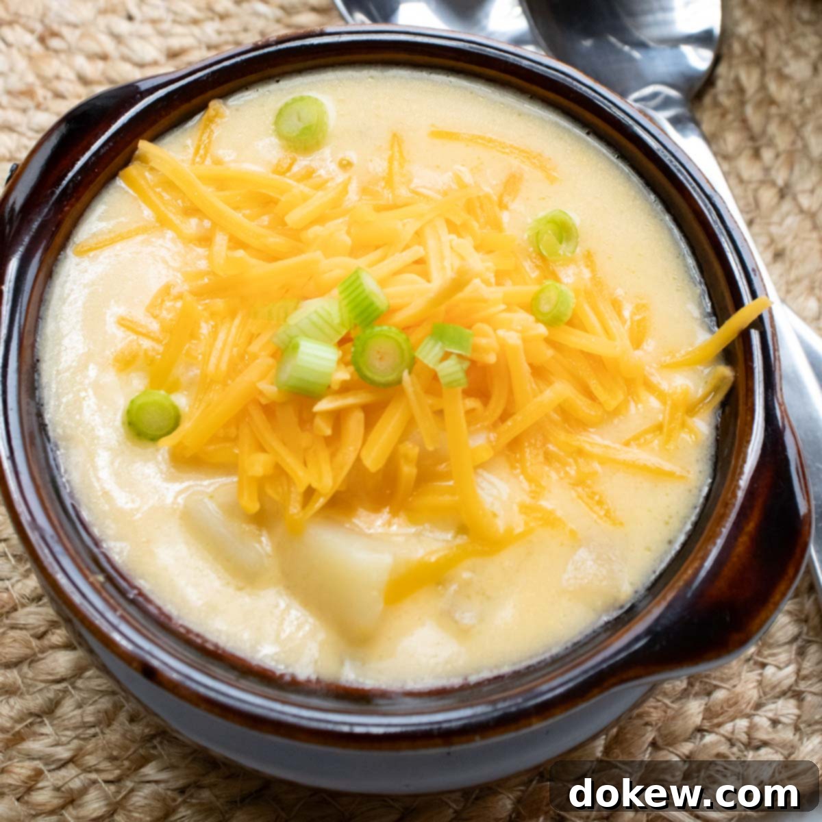 30 Minute Hash Brown Soup Potato soup with hash browns in a bowl and garnished with shredded cheddar cheese and sliced green onions.