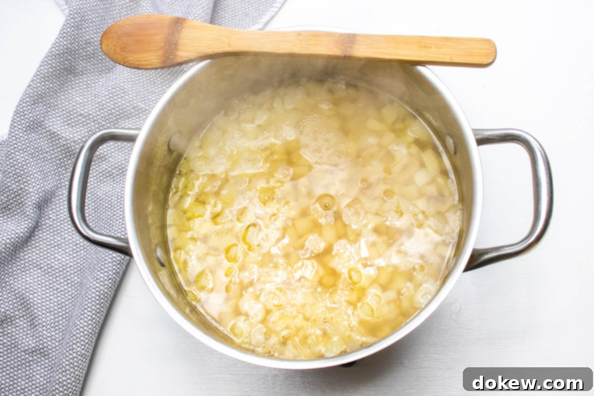 30-Minute Hash Brown Potato Soup 3 Potato soup after adding chicken broth and hash browns to the sautéed onions.