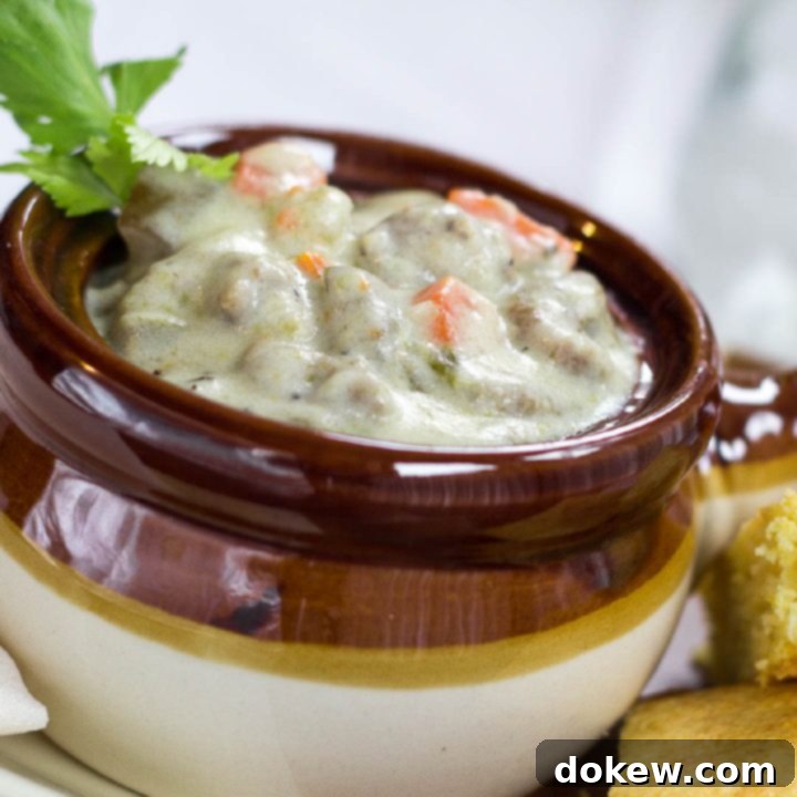 Velvety Bratwurst Comfort Pot 2 A steaming bowl of Crockpot Creamy Bratwurst Stew, rich with vegetables and sliced sausage in a creamy brown broth.