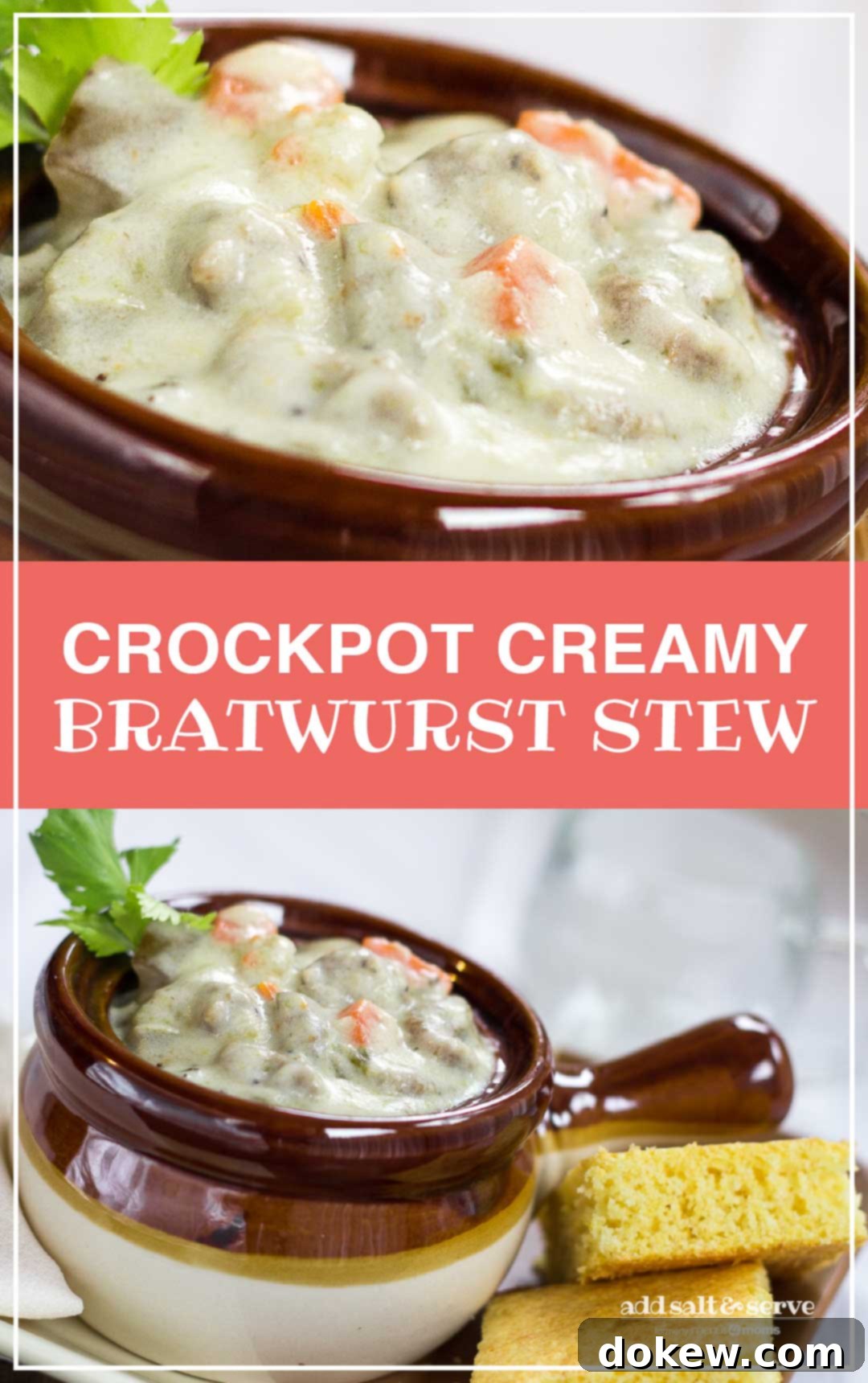 Velvety Bratwurst Comfort Pot 4 A bowl of Crockpot Creamy Bratwurst Stew, ready to be enjoyed, with visible pieces of bratwurst and tender vegetables.
