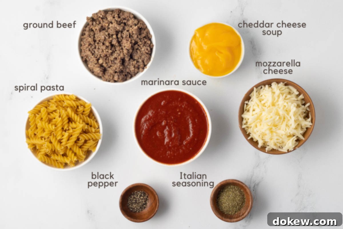 Creamy Cheesy Spirals 3 Ingredients for Spiral Pasta recipe: cooked ground beef, spiral pasta, marinara sauce, condensed cheddar cheese soup, shredded mozzarella cheese, Italian seasoning, and black pepper.