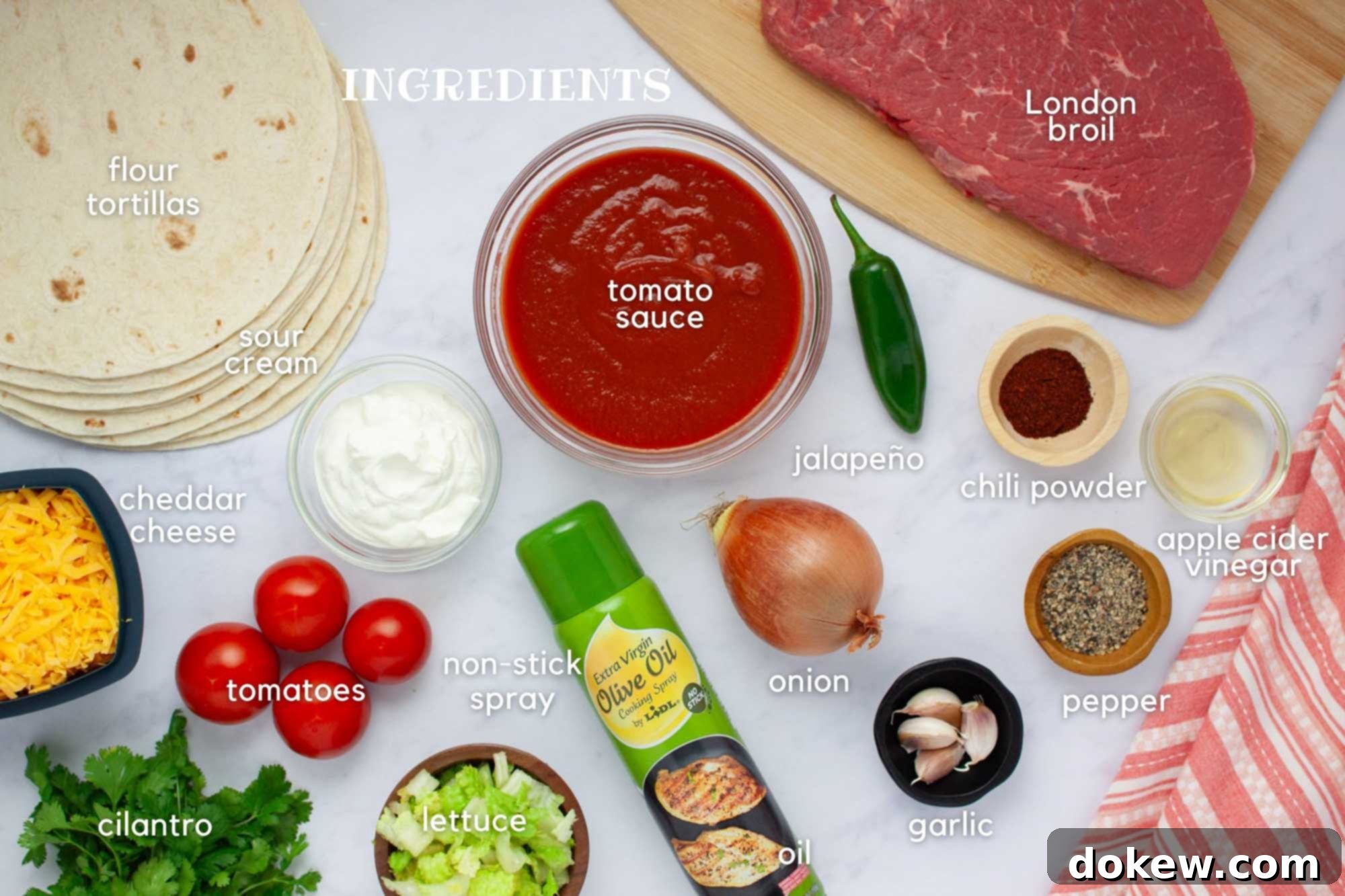 Tender Slow Cooker Beef Burritos 3 Ingredients for beef burritos: flour tortillas, tomato sauce, jalapeño, cheddar cheese, sour cream, tomatoes, cilantro, lettuce, onion, garlic, pepper, chili powder, apple cider vinegar, London Broil, and non-stick spray.