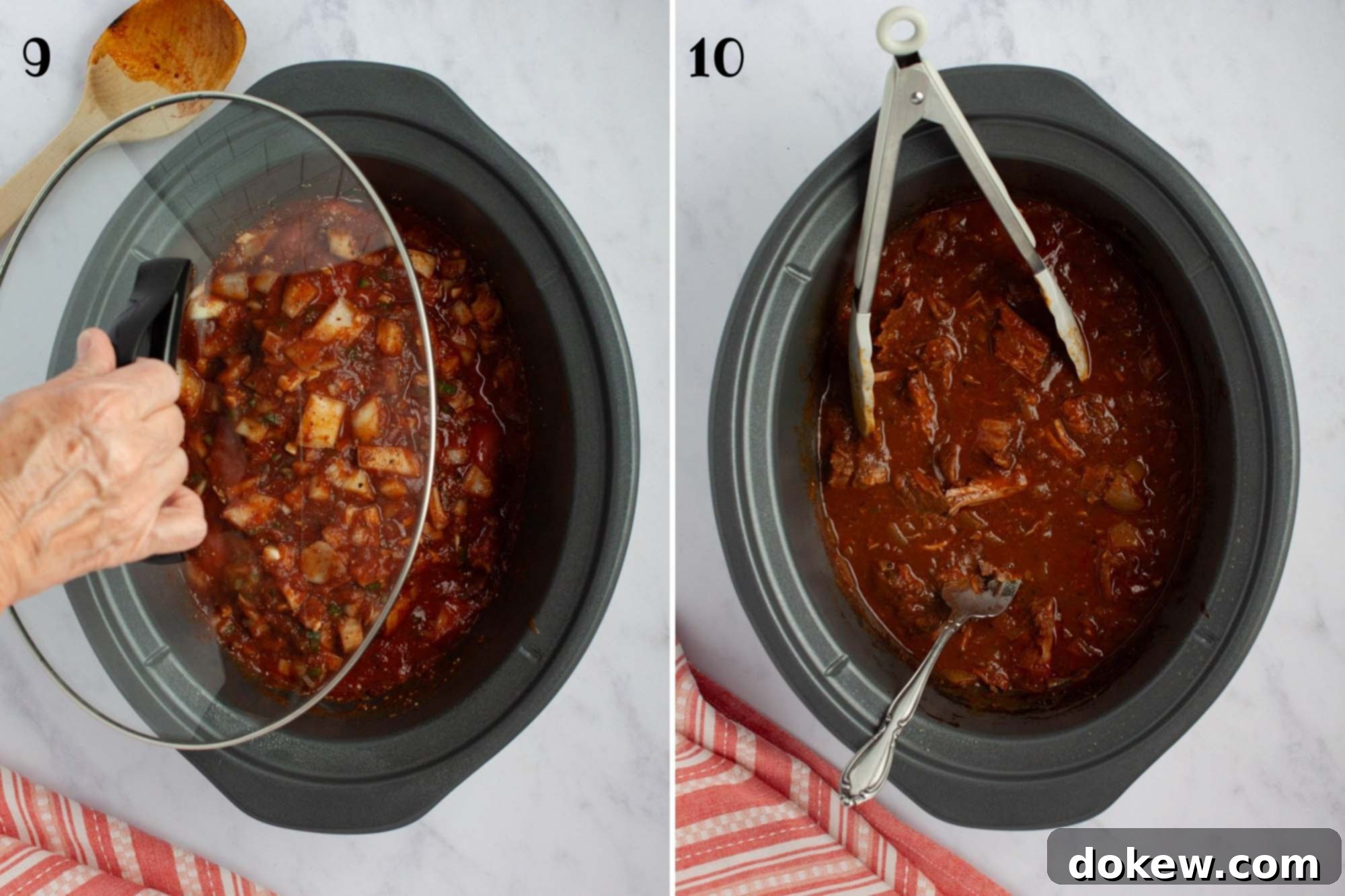 Tender Slow Cooker Beef Burritos 6 Composite image: 9 - putting a lid on a slow cooker with a roast and red sauce with chopped aromatics; 10- same roast in slow cooker after cooking and shredding the meat.
