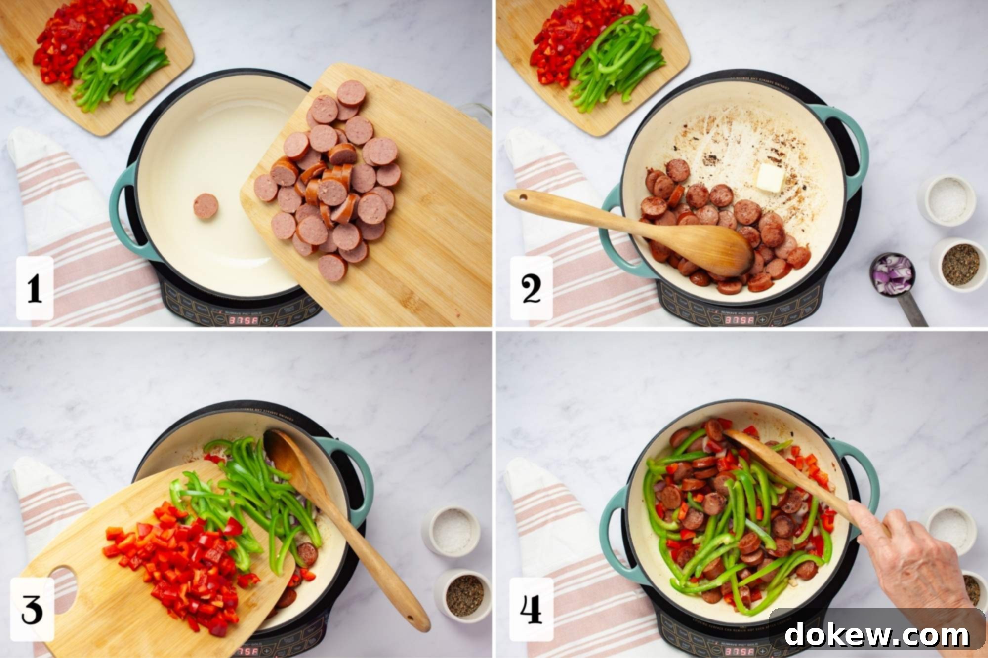 Fast & Flavorful Kielbasa Pepper Pasta 4 Composite image: 1- sliced kielbasa on a cutting board being put into a pan; 2- cooked sliced kielbasa pushed to the side of a pan with a wooden spoon with a pat of butter beside it; 3- red and green bell peppers being added to red onion and kielbasa in a pan; 4- stirring sliced kielbasa, sliced green bell pepper, chopped red onion, and chopped red bell pepper in a pan.