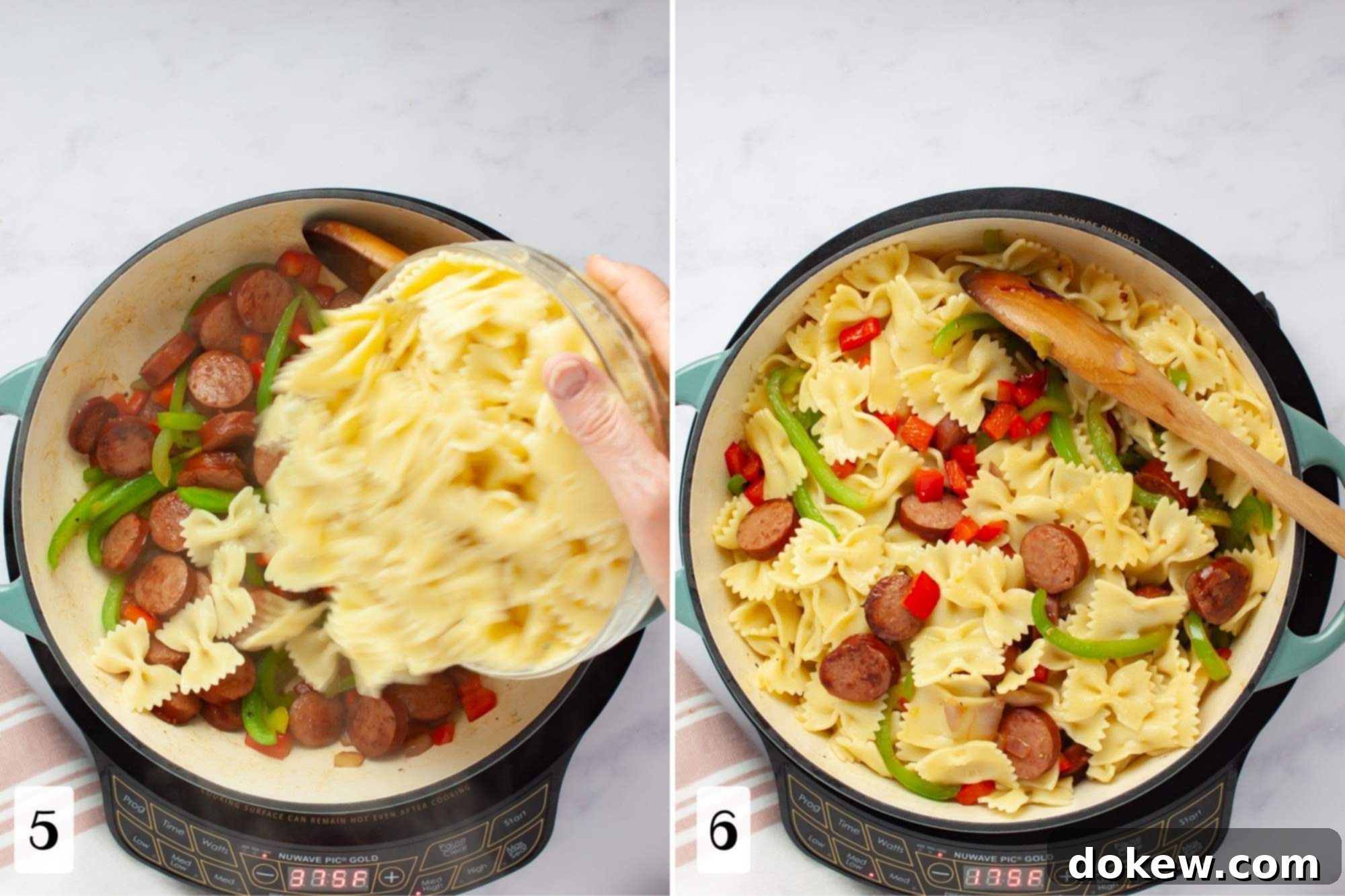Fast & Flavorful Kielbasa Pepper Pasta 5 Composite image: 5- adding cooked bowtie pasta to a pan of cooked sliced kielbasa and vegetables; 6- pan with sliced kielbasa, bowtie pasta, and sliced colorful vegetables stirred with a wooden spoon.