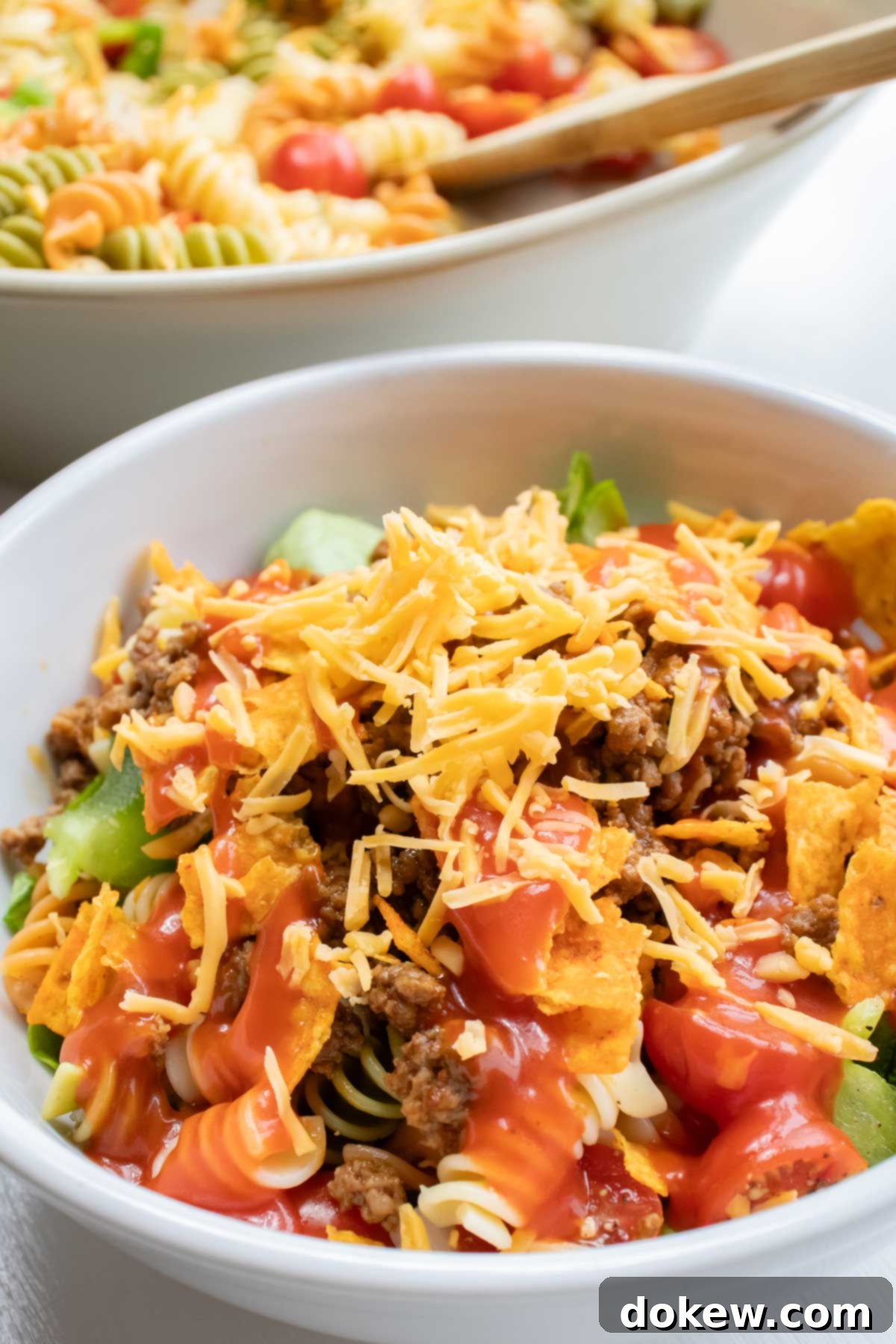 Taco Macaroni Salad 4 Bowl of seasoned ground beef, spiral pasta, lettuce, halved tomatoes, nacho cheese Doritos, and French salad dressing with shredded cheddar cheese on top.